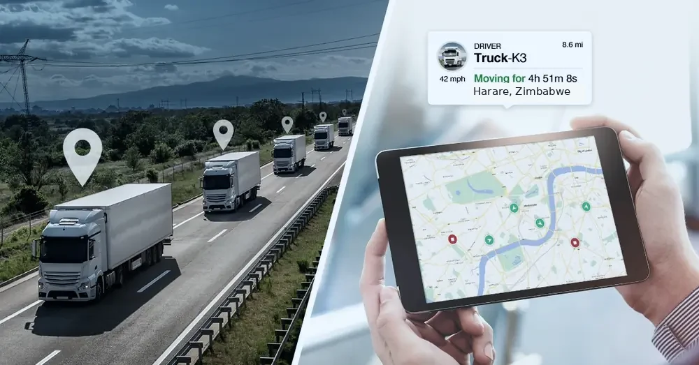 Fleet vehicles with a GPS tracking tablet showing Harare, Zimbabwe