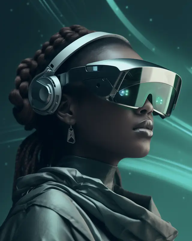 Person wearing a futuristic headset against a green background